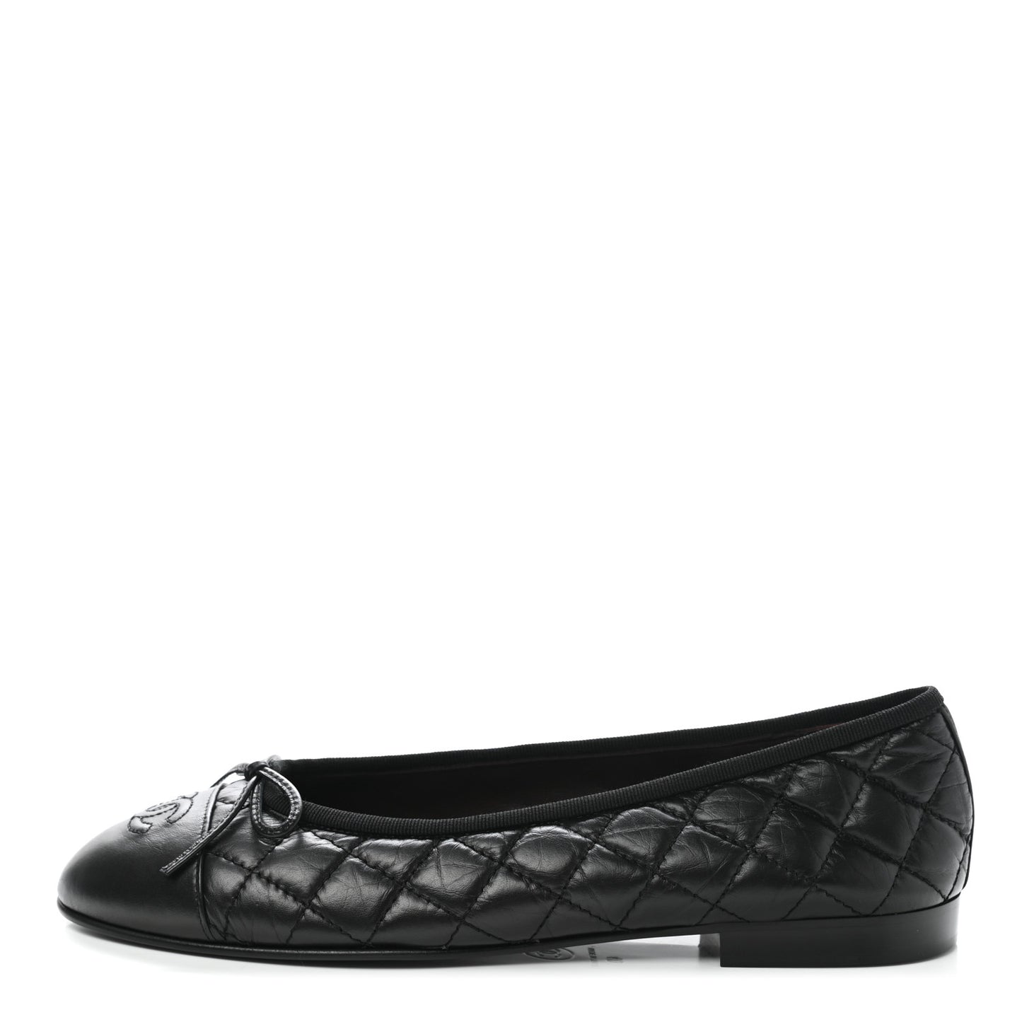 Aged Calfskin Quilted Cap Toe Ballerina Flats 40 Black