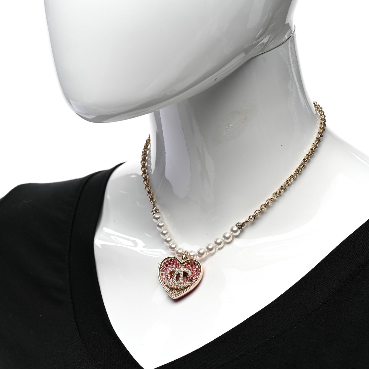 Pearl Crystal Resin CC Heart Short Necklace Pink Gold White