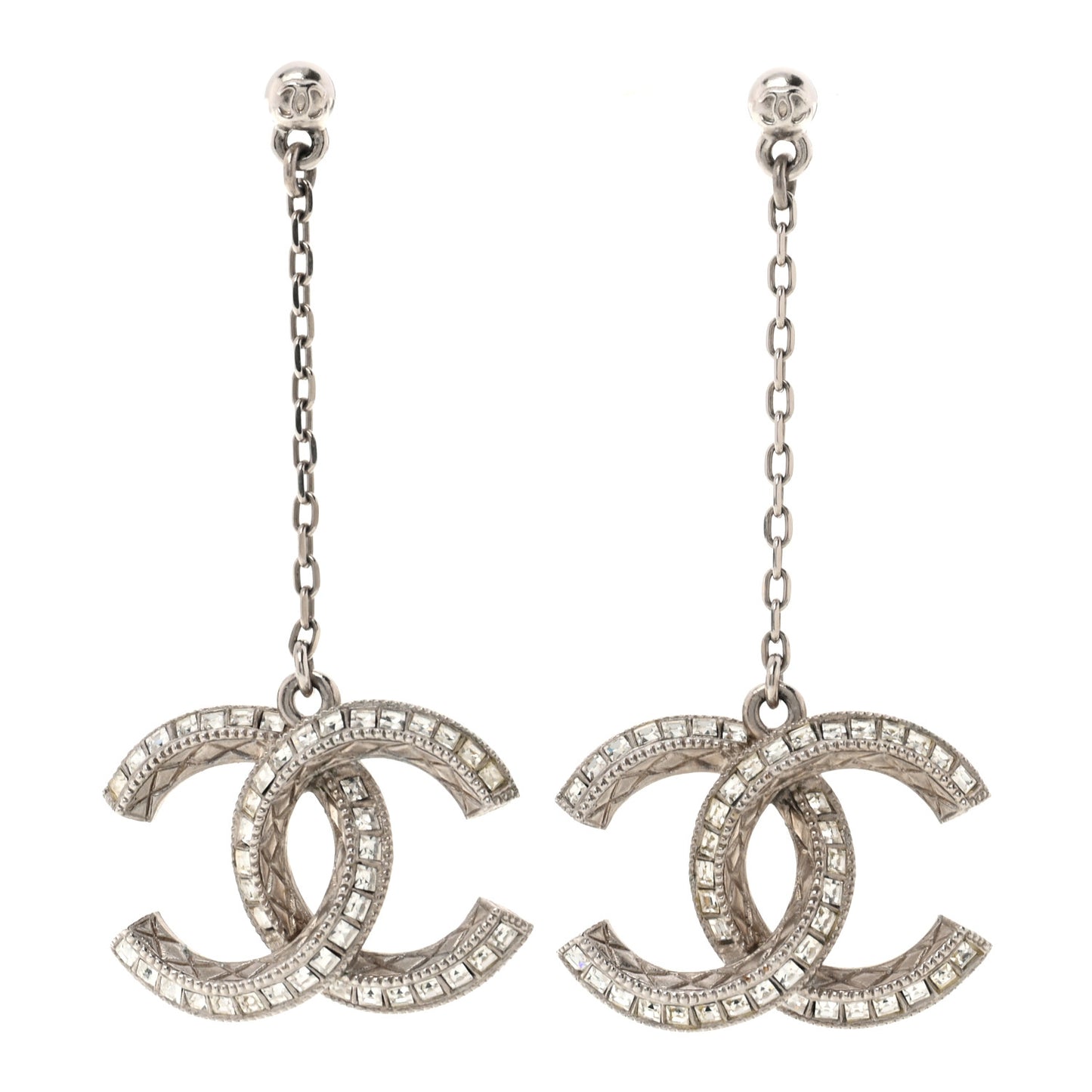 Baguette Crystal Quilted CC Drop Earrings Silver