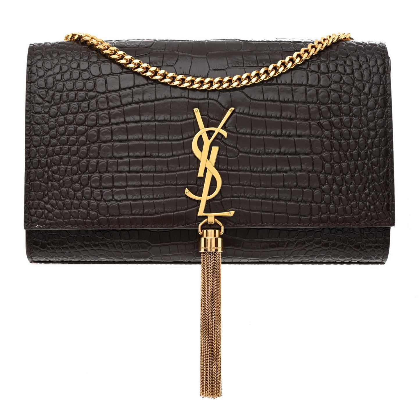Calfskin Crocodile Embossed Medium Classic Monogram Kate Tassel Satchel Dark Brown