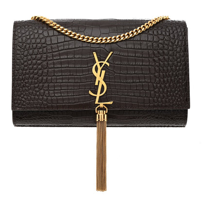 Saint Laurent Calfskin Crocodile Embossed Medium Classic Monogram Kate Tassel Satchel Dark Brown 1 of 15