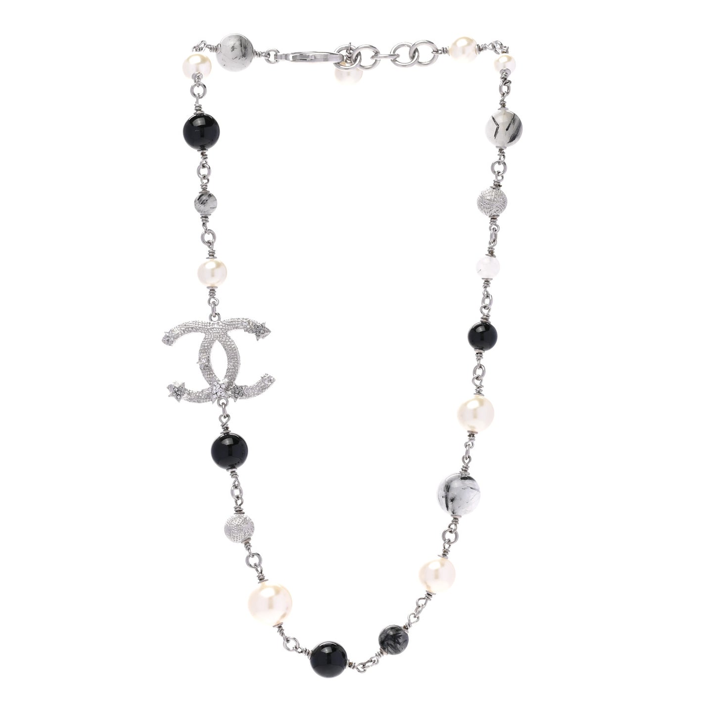 Crystal Pearl Beaded Star CC Short Necklace Silver Black