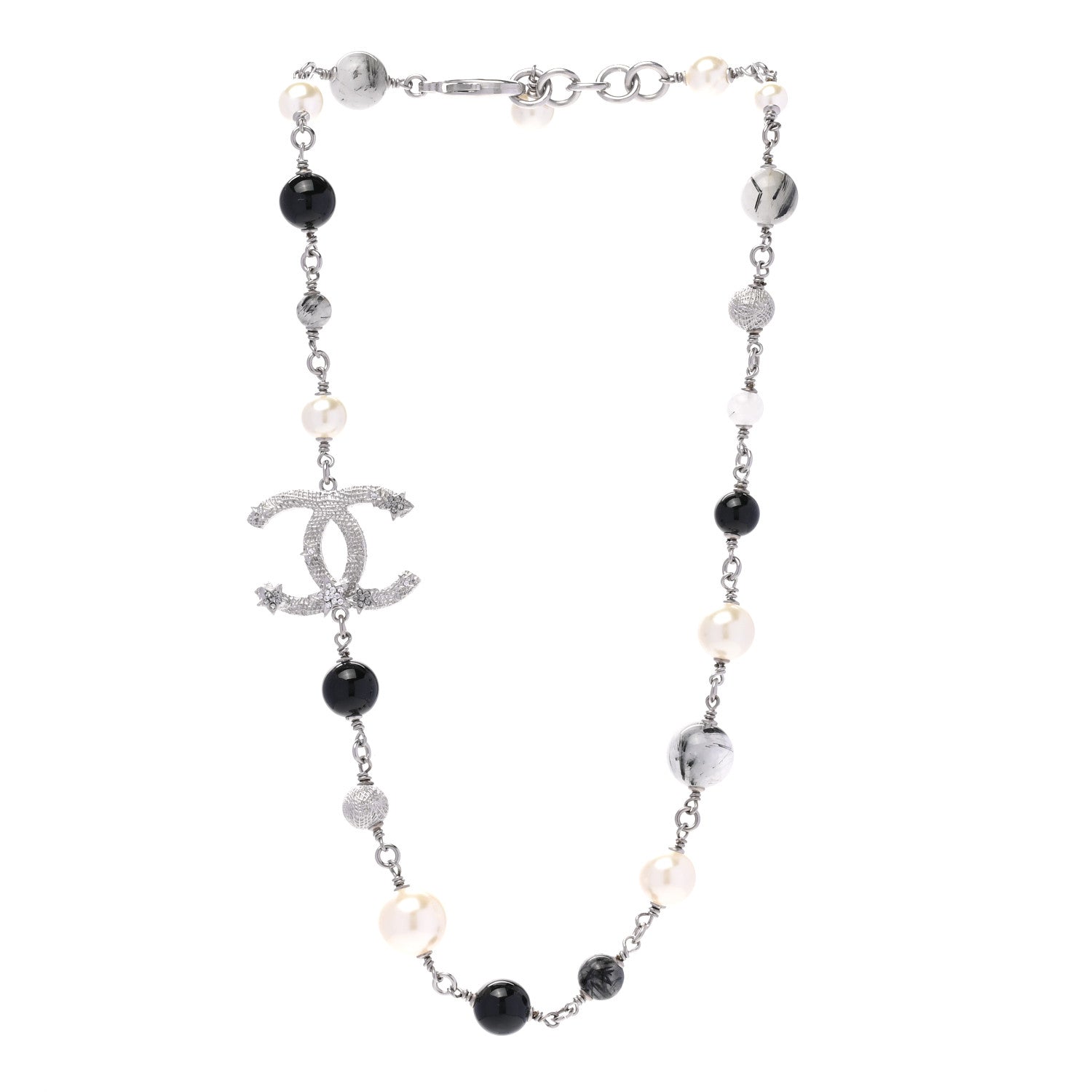 Chanel Crystal Pearl Beaded Star CC Short Necklace Silver Black 3 of 6