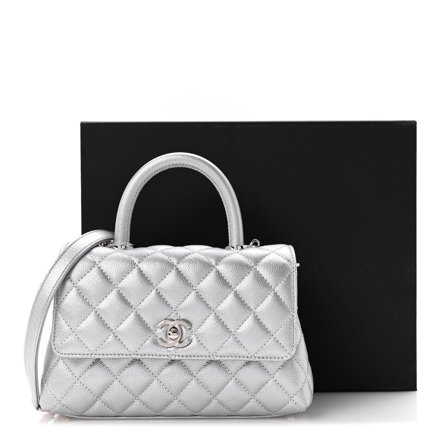 Metallic Caviar Quilted Mini Coco Handle Flap Silvery