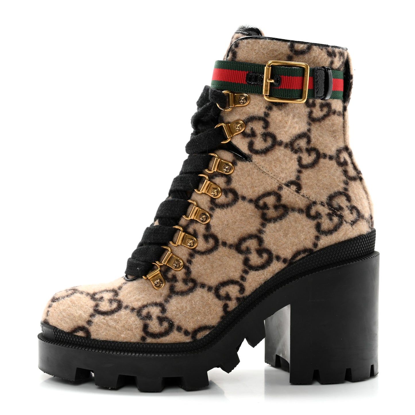 Covered Wool GG Monogram Womens Lace Up Combat Ankle Boots 36.5 Beige Ebony Black