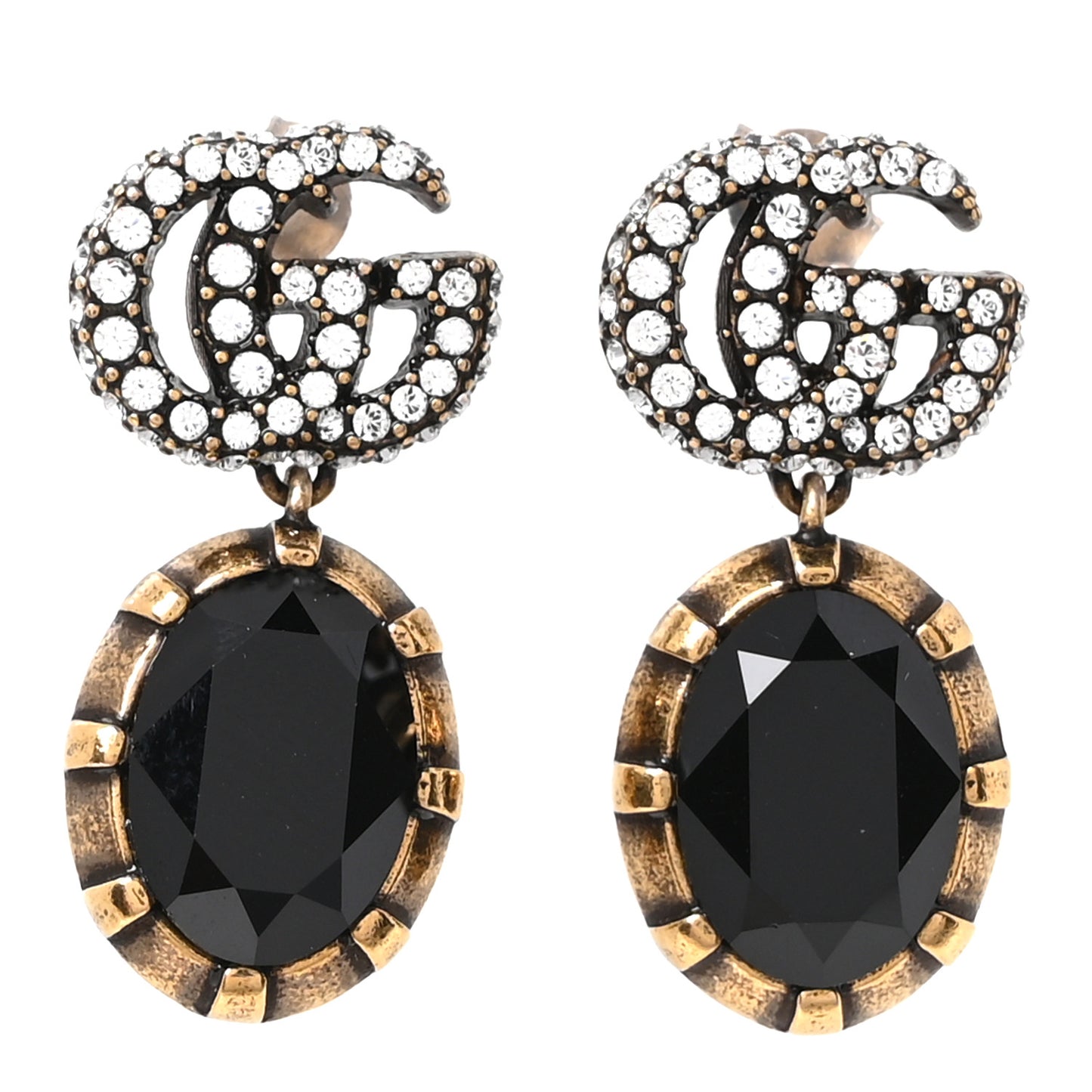 Metal Crystal Double G Drop Earrings Black Gold