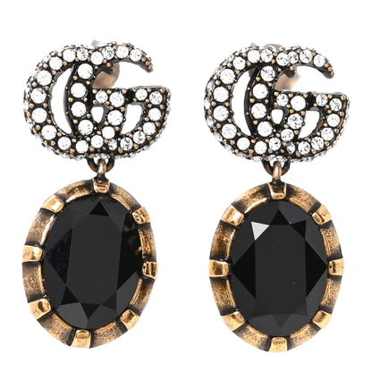 Gucci Metal Crystal Double G Drop Earrings Black Gold 1 of 4