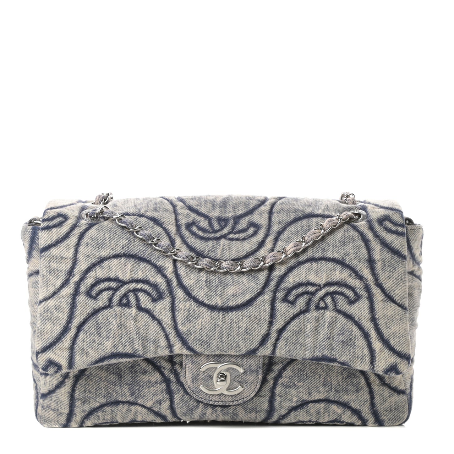 Denim Embossed CC Logo Print Jumbo Single Flap Blue