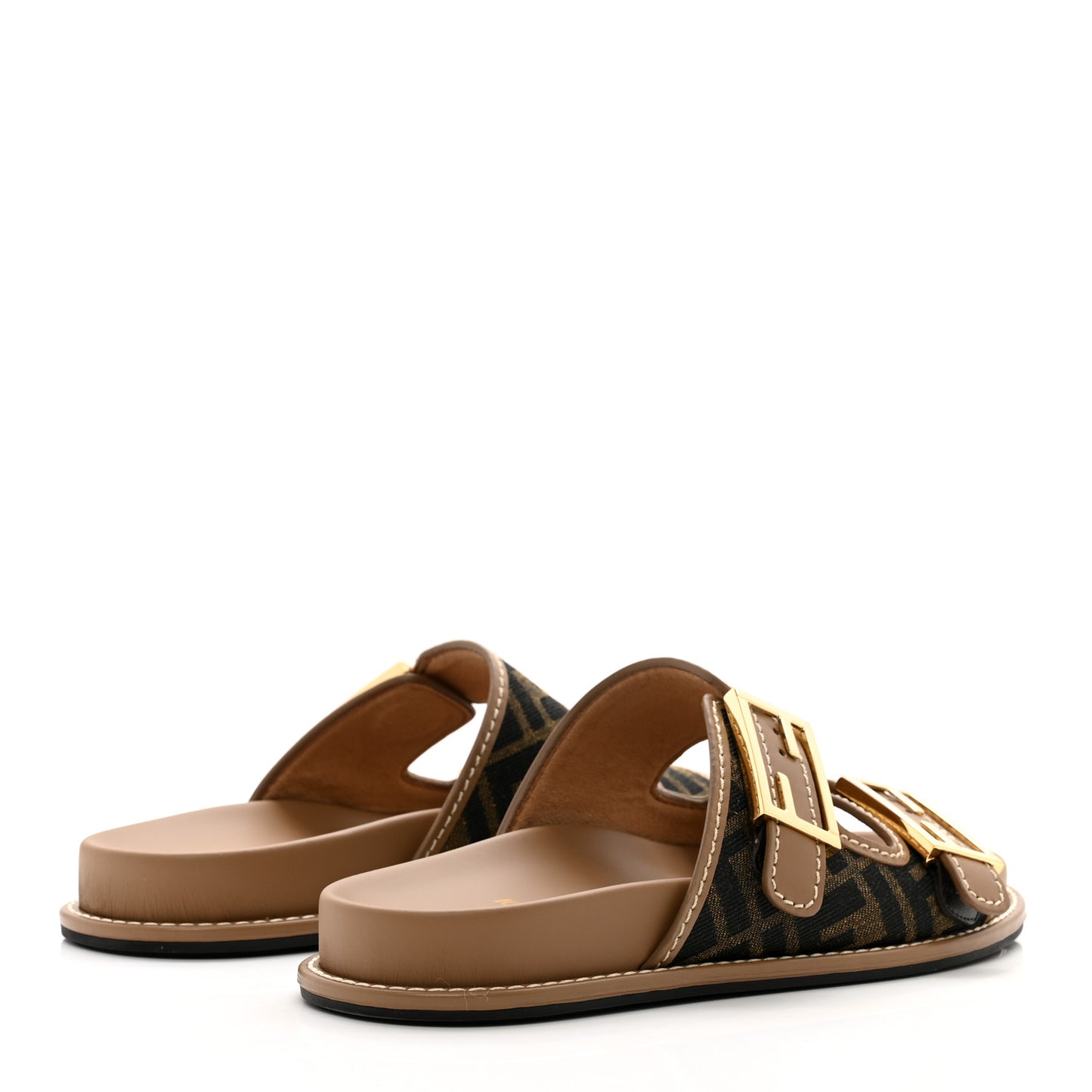 Fabric Jacquard Nappa FF Womens Fendi Feel Buckled Slide Sandals 37.5 Tobacco Black Miele Scuro