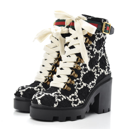 Gucci Tweed GG Monogram Lace Up Combat Ankle Boots 35 Black 3 of 8