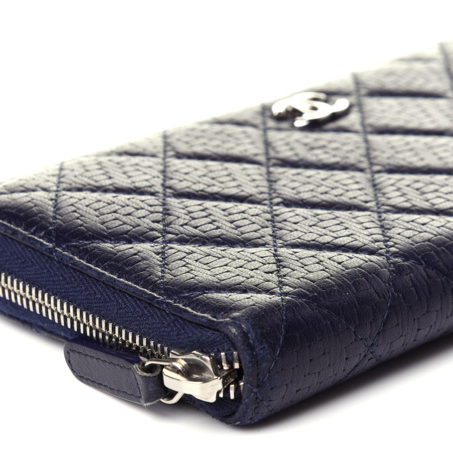 Woven Lambskin Quilted Large Zip Around Wallet Navy