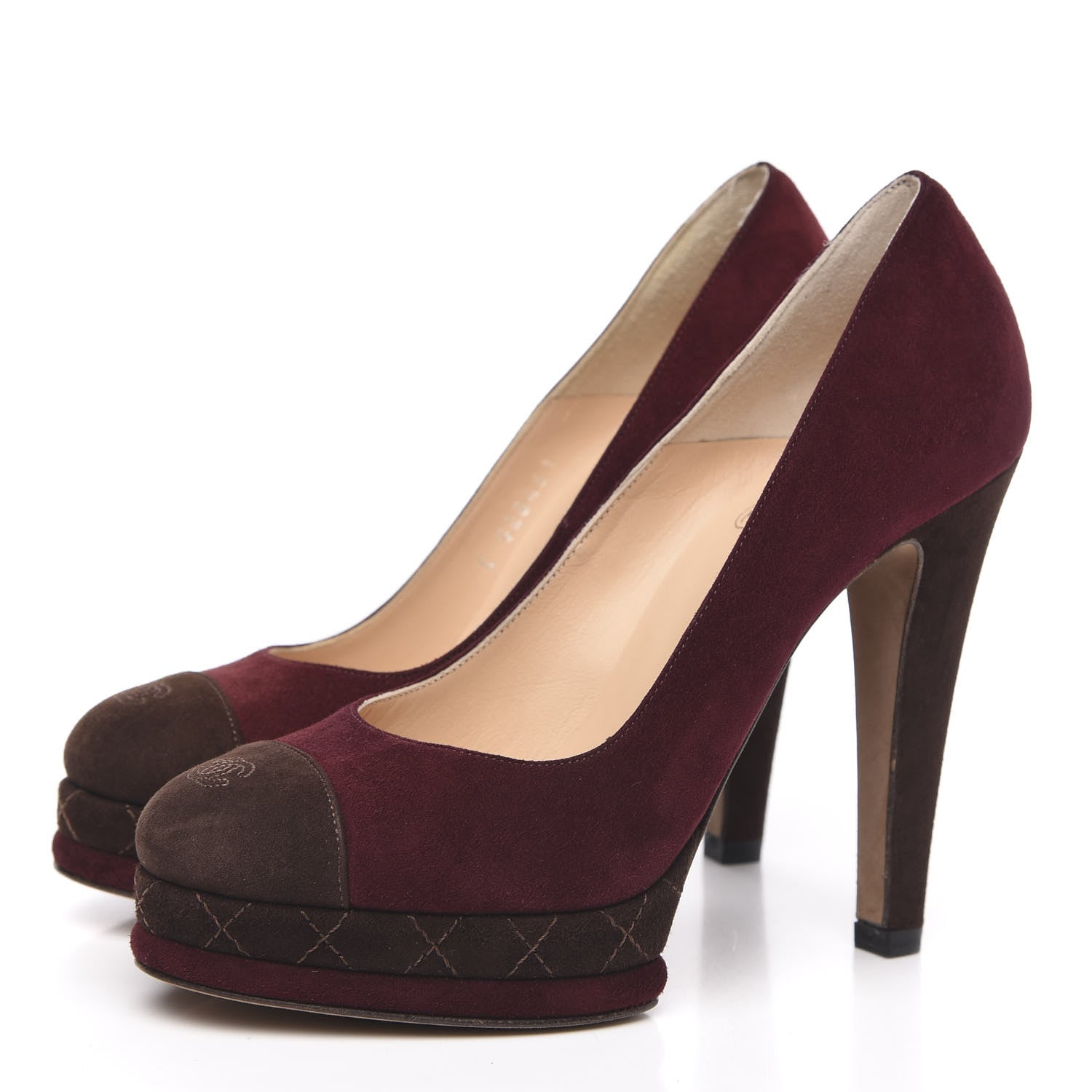 Chanel Suede Cap Toe CC Platform Pumps 36.5 Burgundy Brown 3 of 8