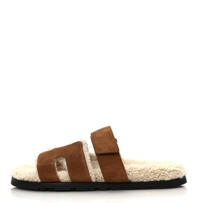 Hermes Suede Goatskin Woolskin Mens Chypre Sandals 40 Brun Fume Ecru 1 of 7