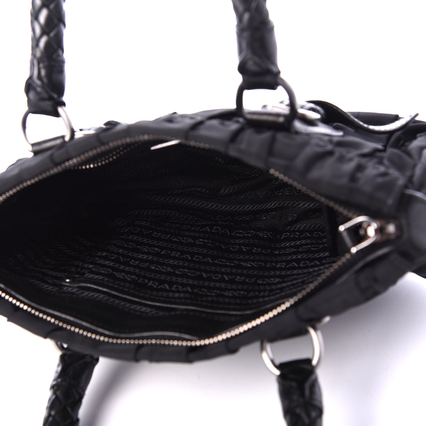 Tessuto Nylon Nappa Braided Gaufre Shopping Satchel Black
