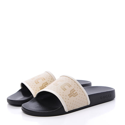 Gucci X SEGA Supreme Canvas GUCCY Stars Womens Slide Sandals 38 Mystic White Gold 3 of 8
