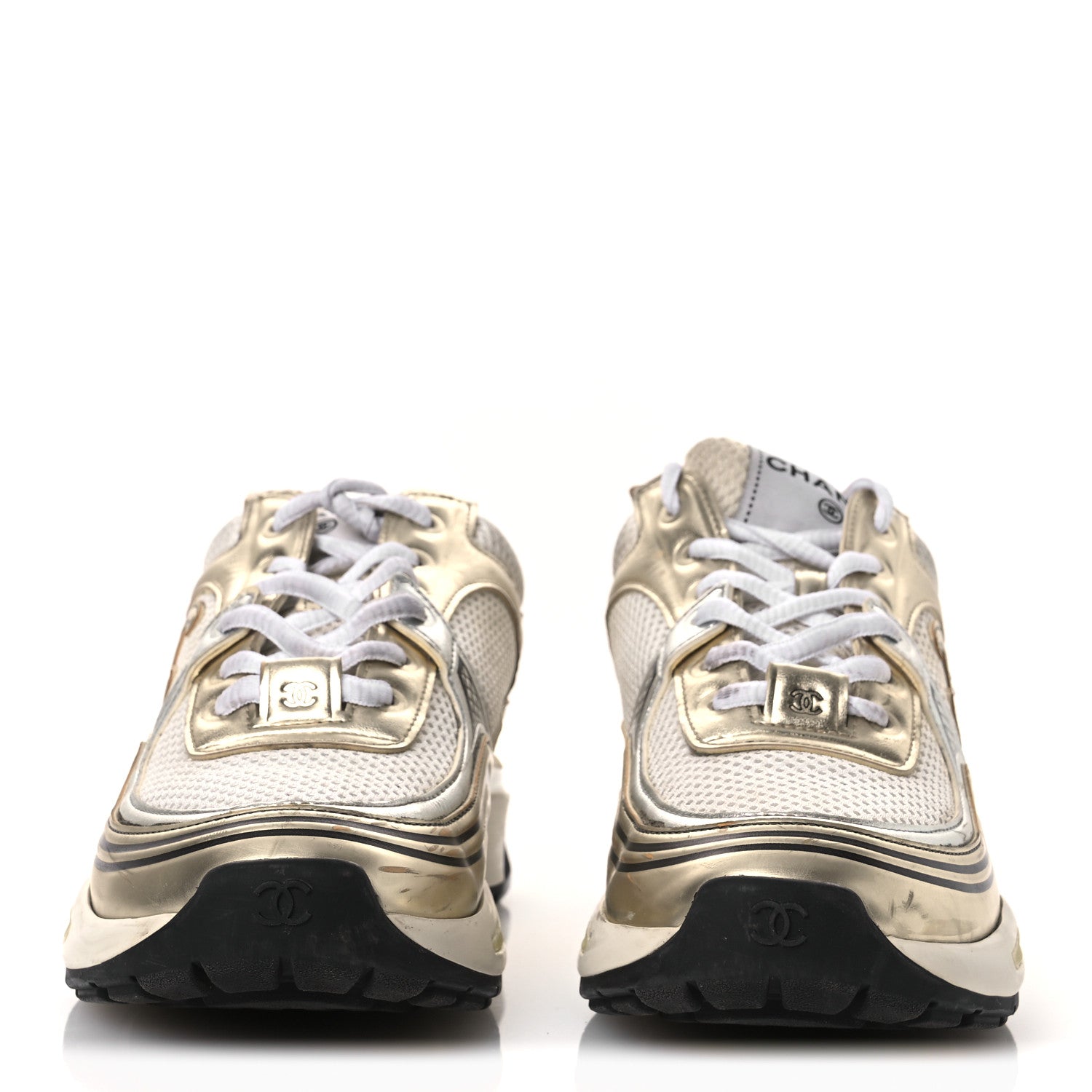 Chanel Fabric Laminated Calfskin Stretch CC Sneakers 37 White Gold