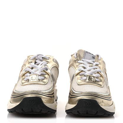 Chanel Fabric Laminated Calfskin Stretch CC Sneakers 37 White Gold Silver 3 of 18