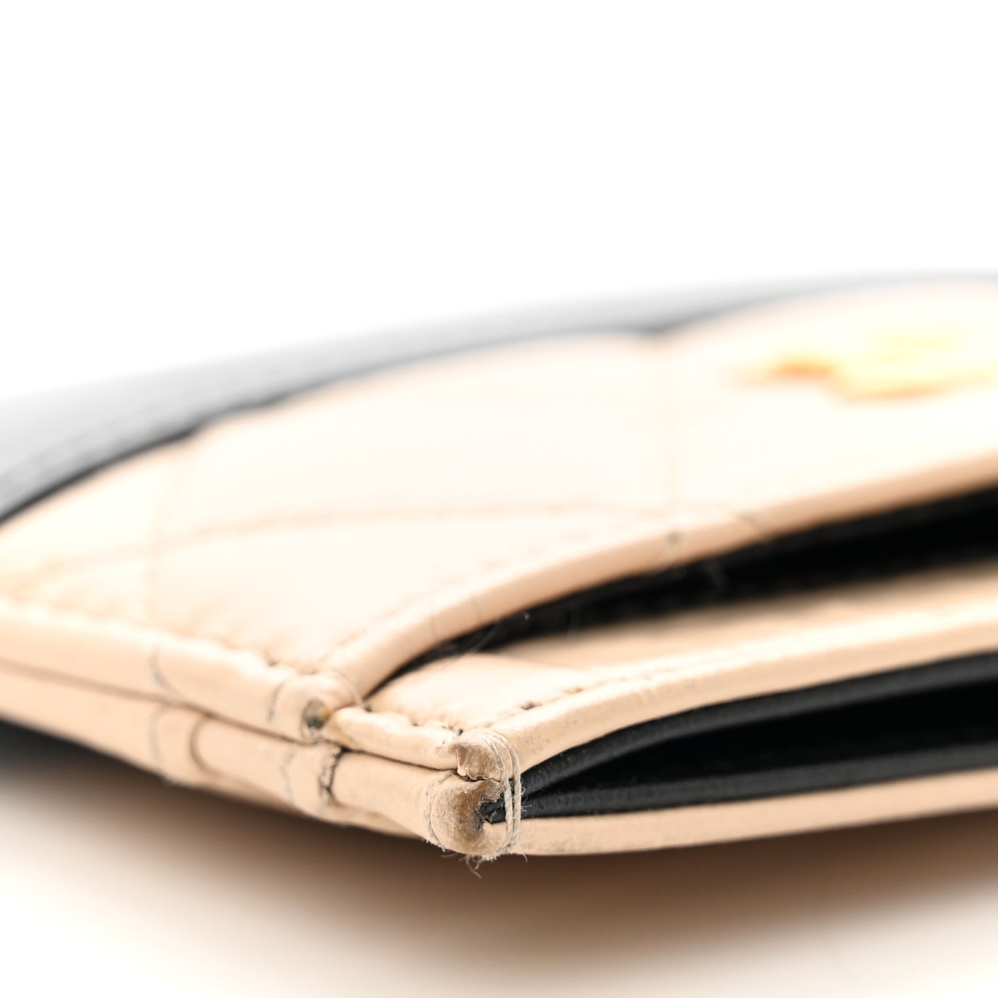 Aged Calfskin Quilted Gabrielle Card Holder Wallet Beige Black