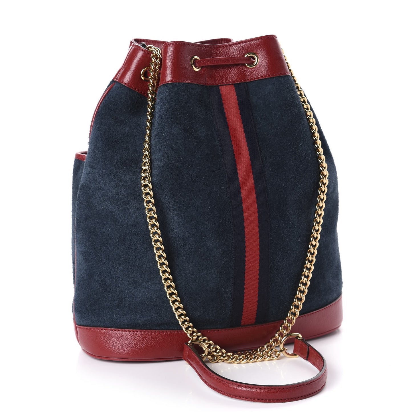 Suede Calfskin Web Medium Rajah Bucket Bag New Blue Romantic Cherry
