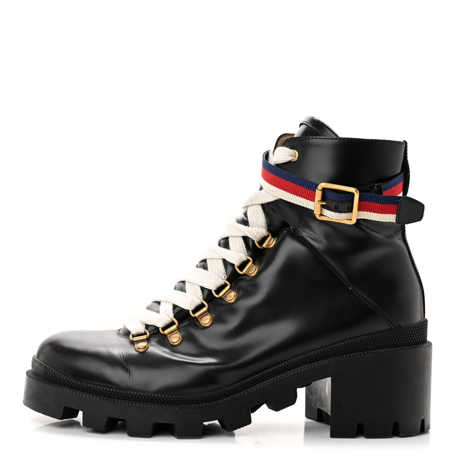 Gucci Calfskin Sylvie Web Lace Up Combat Boots 41.5 Black 1 of 14