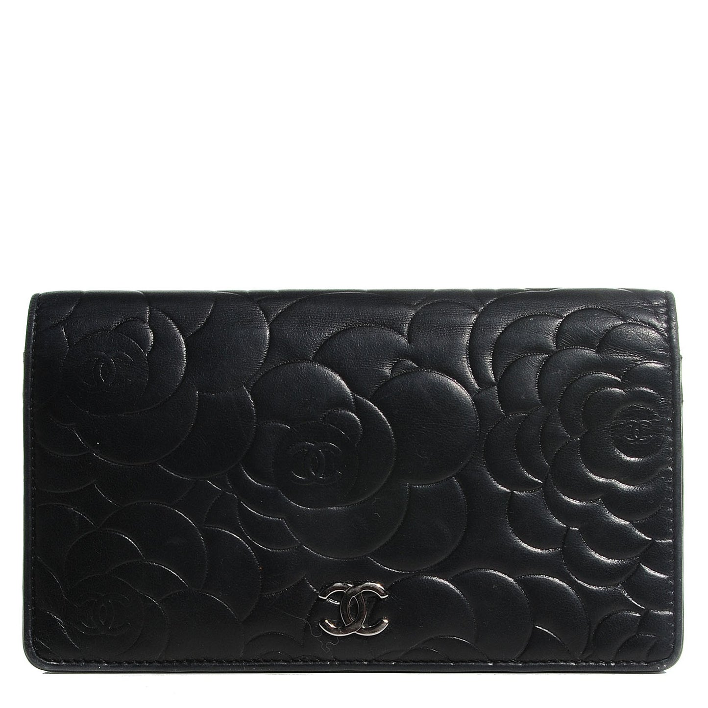 Lambskin Camellia Embossed Yen Wallet Black