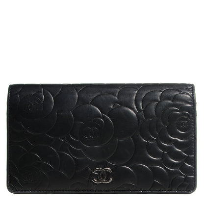 Chanel Lambskin Camellia Embossed Yen Wallet Black 1 of 8