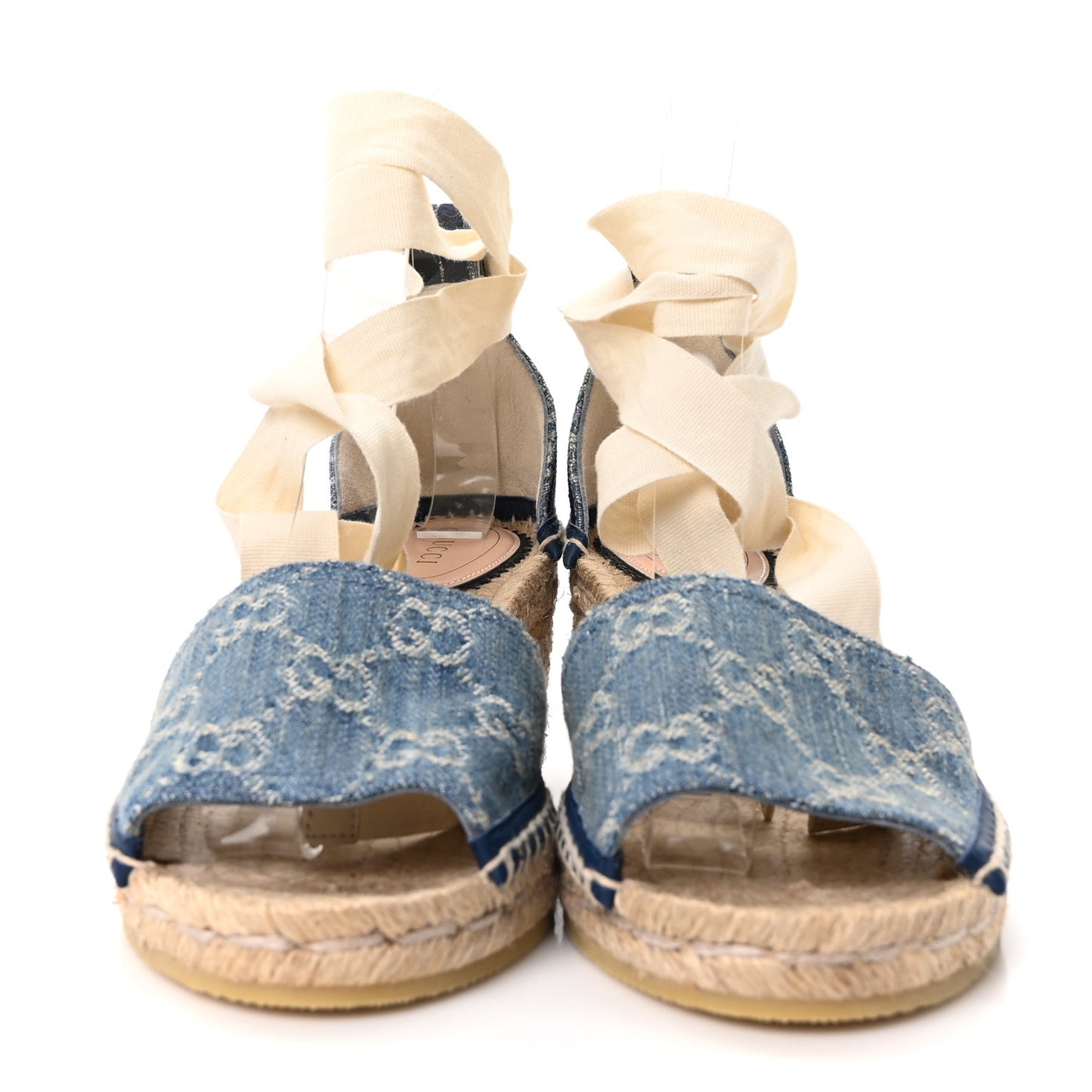 New Denim GG Monogram Pilar Ankle Wrap Espadrille Wedge Sandals 36.5 Light Blue