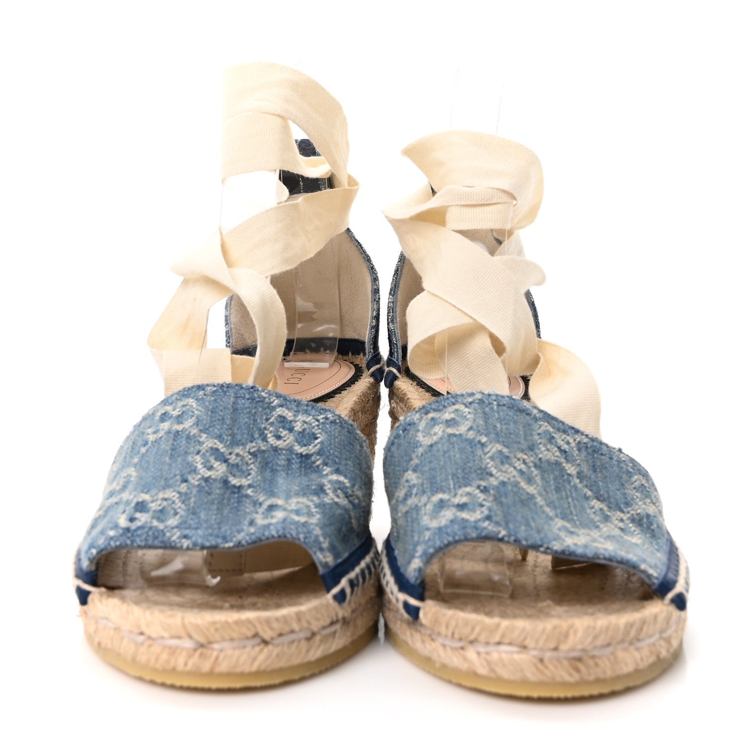 Gucci New Denim GG Monogram Pilar Ankle Wrap Espadrille Wedge Sandals 36.5 Light Blue 3 of 8