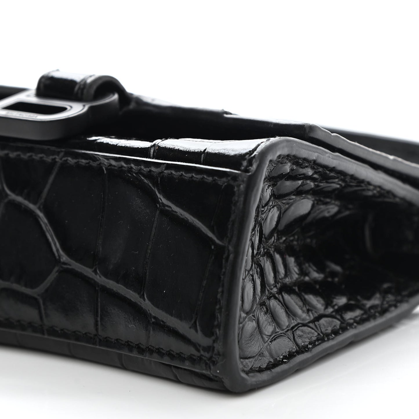Shiny Calfskin Monochrome Crocodile Embossed Hourglass Top Handle Bag Mini Black