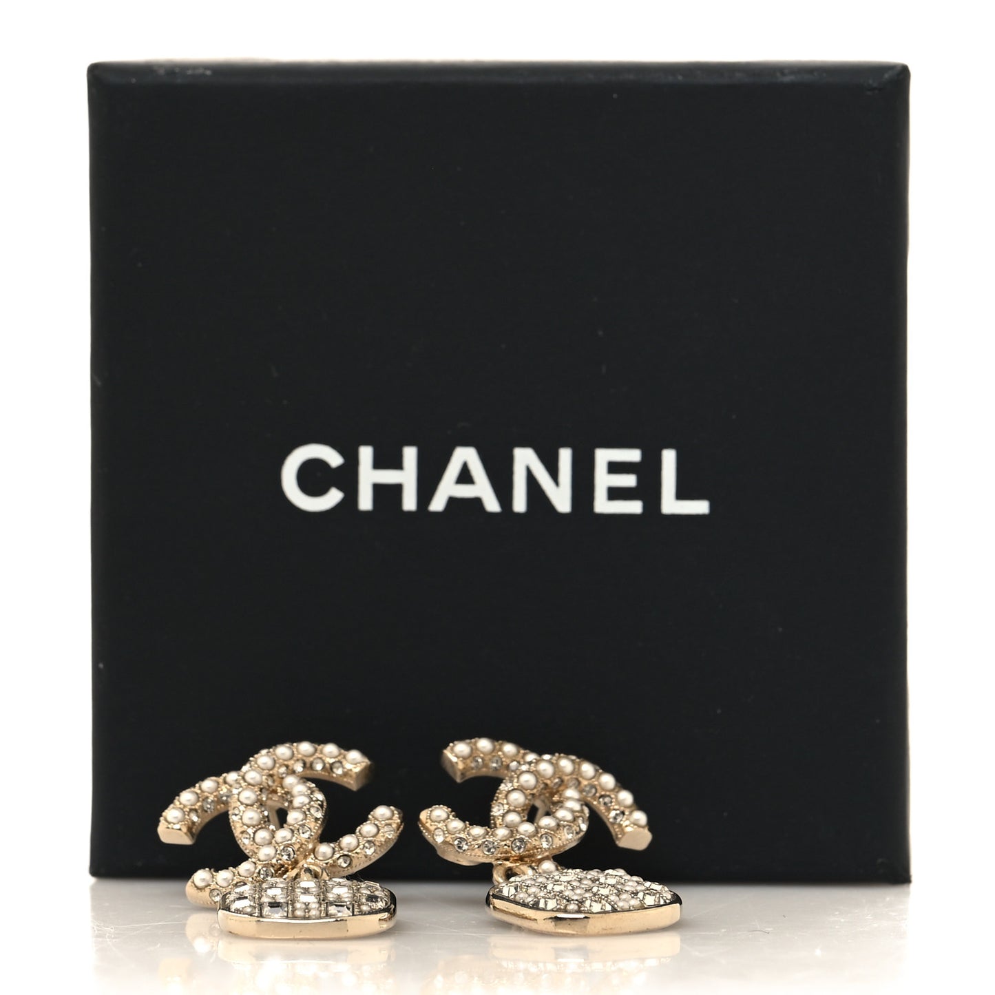 Pearl Baguette Crystal CC Drop Earrings Gold