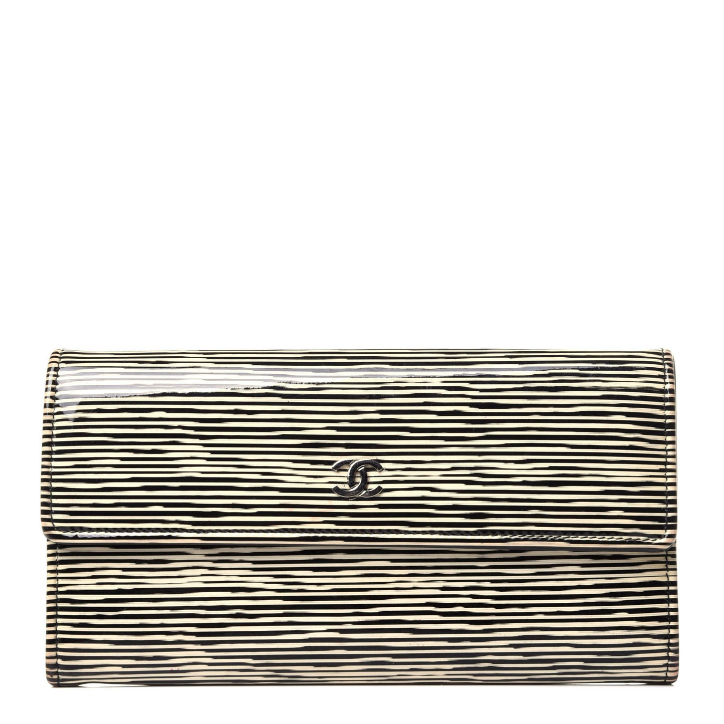 Patent Calfskin Striped Long Flap Wallet Black