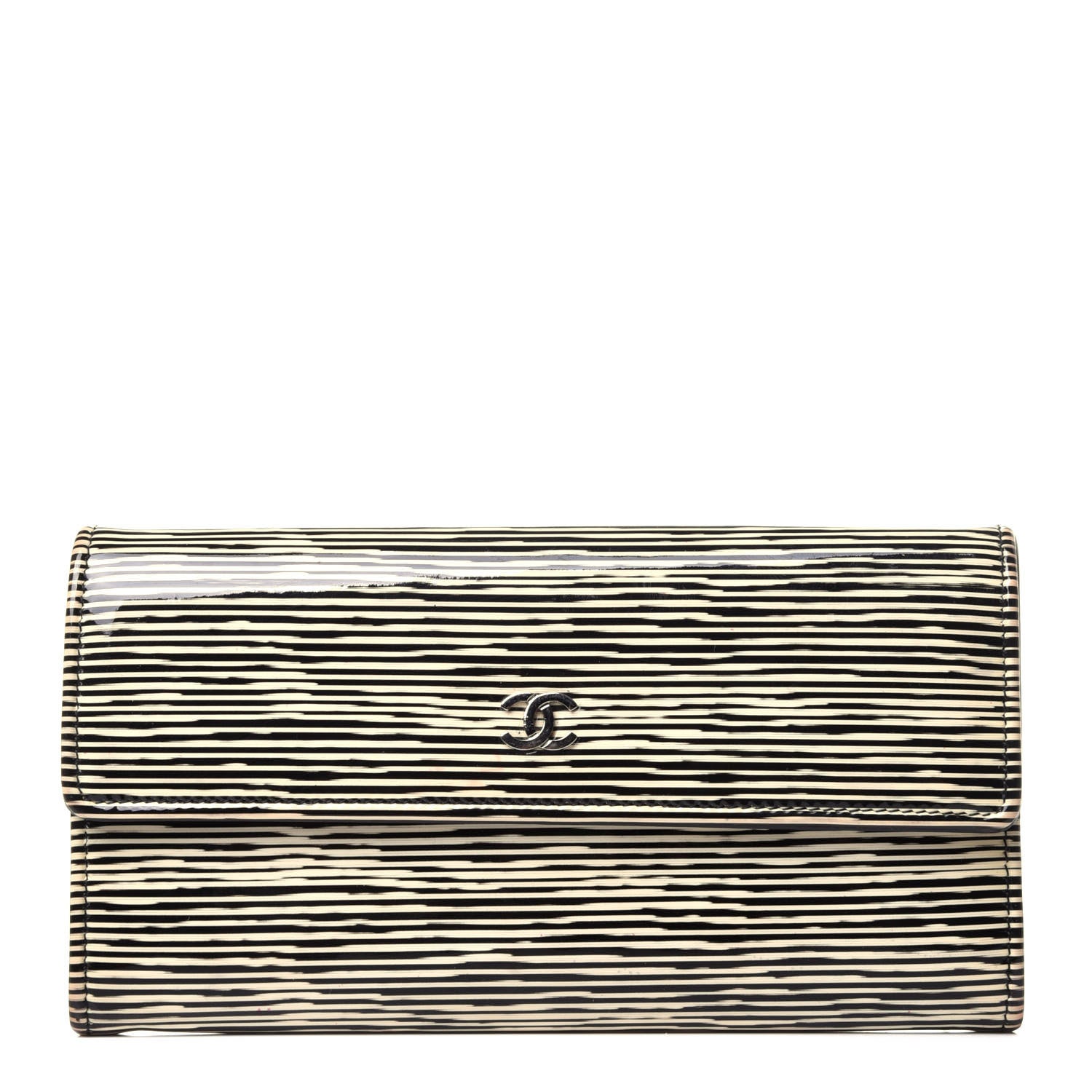 Chanel Patent Calfskin Striped Long Flap Wallet Black 1 of 12