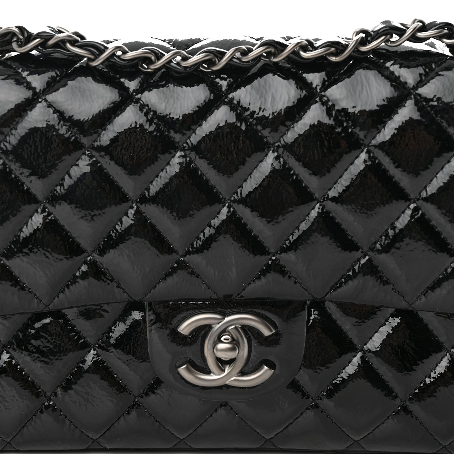 Crumpled Patent Quilted Medium Double Flap Black