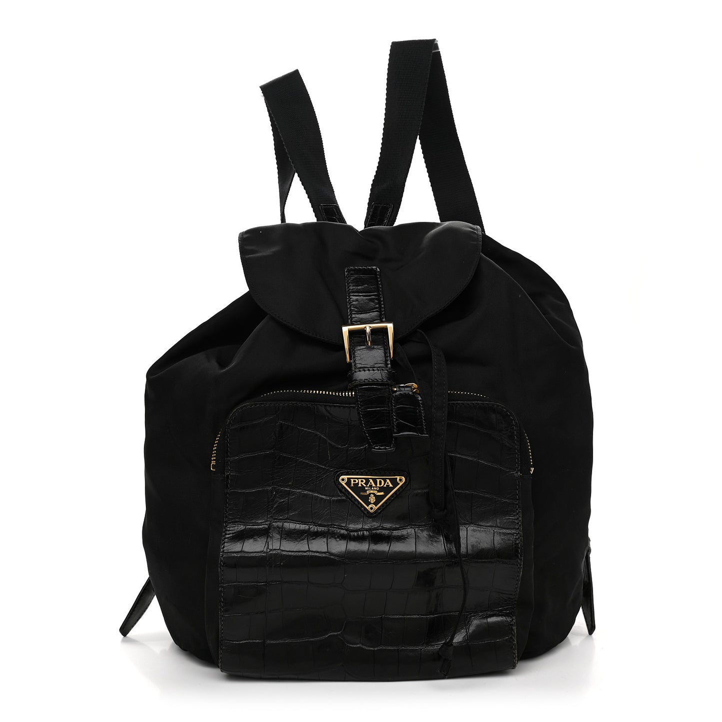 Tessuto Nylon Crocodile Embossed Calfskin Cinch Backpack Black
