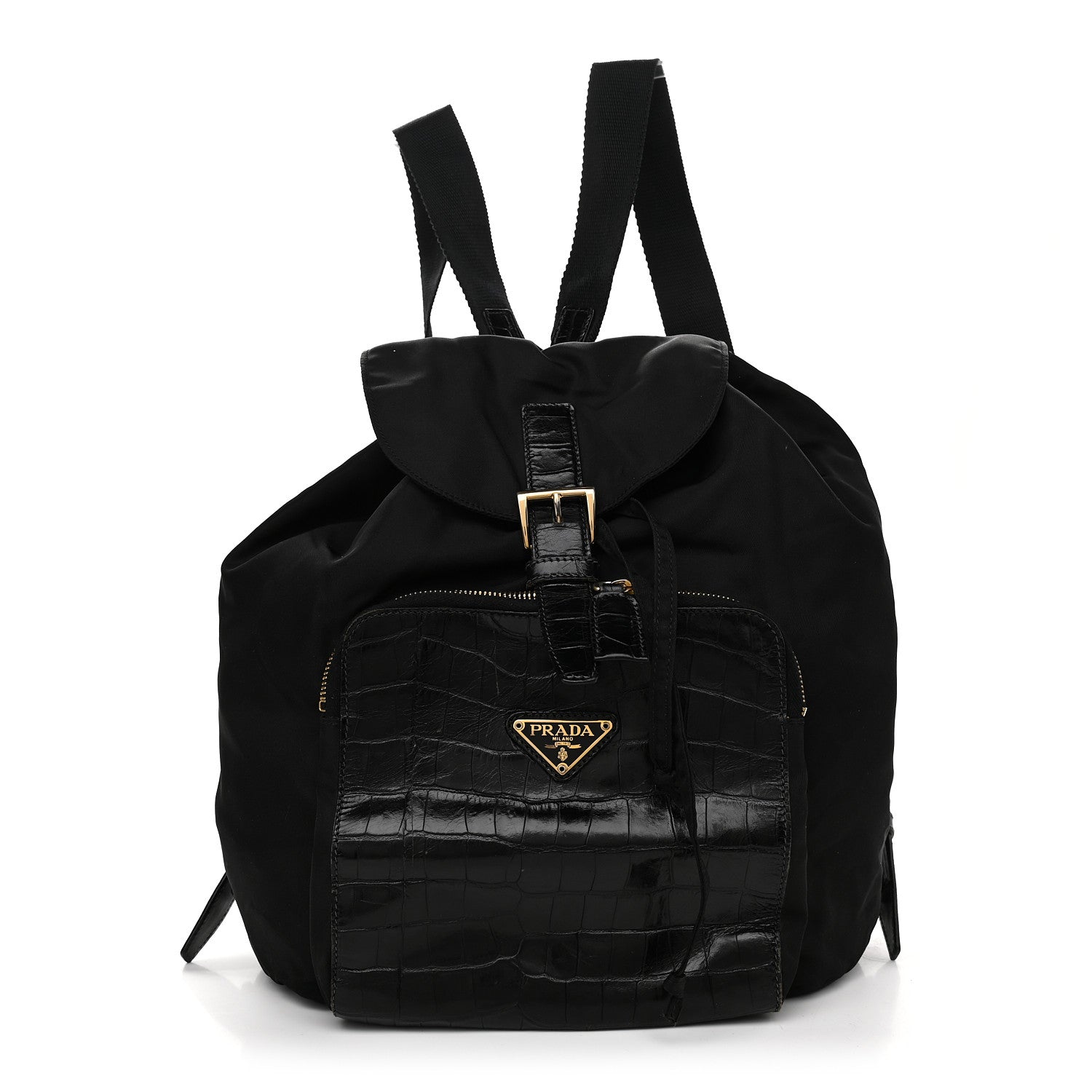 Prada Tessuto Nylon Crocodile Embossed Calfskin Cinch Backpack Black 1 of 12