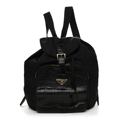 Prada Tessuto Nylon Crocodile Embossed Calfskin Cinch Backpack Black 1 of 12