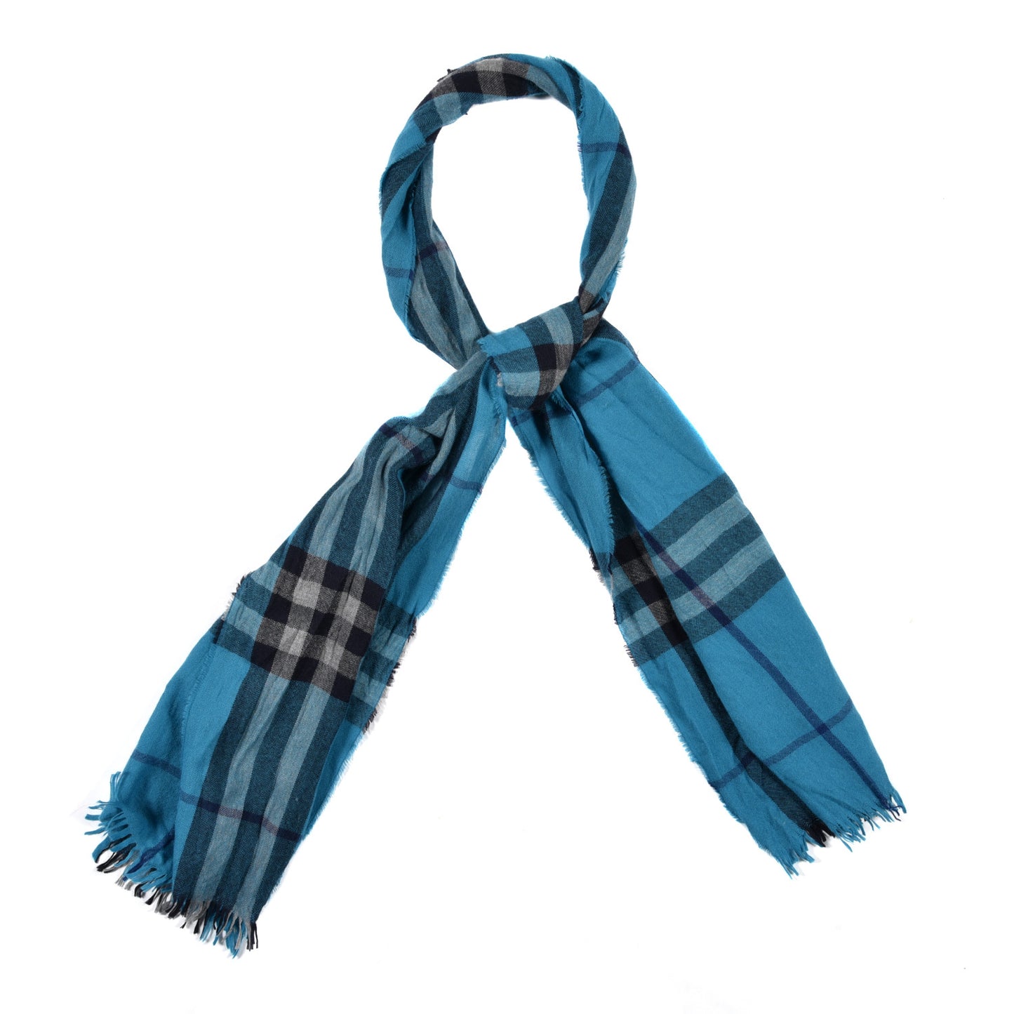 Wool Silk Check Fringe Scarf Blue