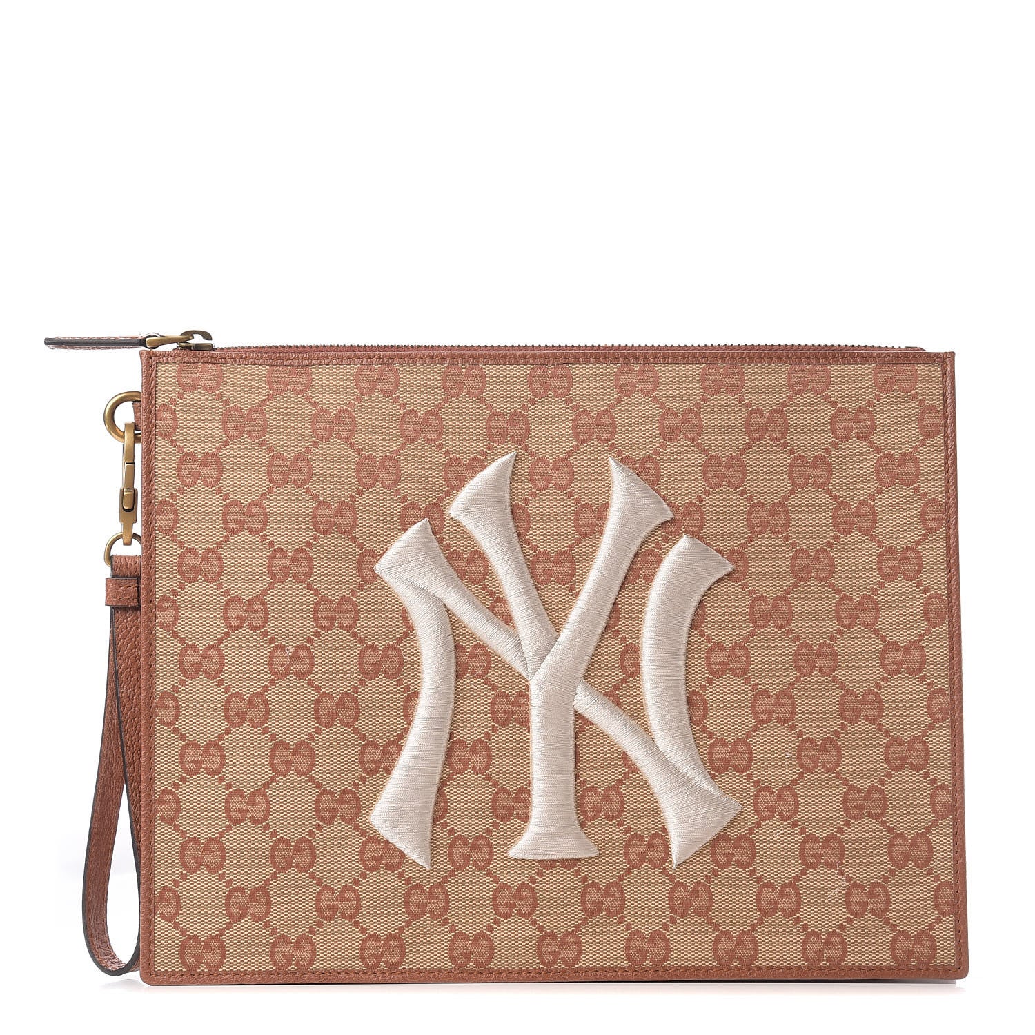 Gucci X MLB GG Monogram NY Yankees Zip Wristlet Pouch Beige Ruggine Ivory 1 of 9