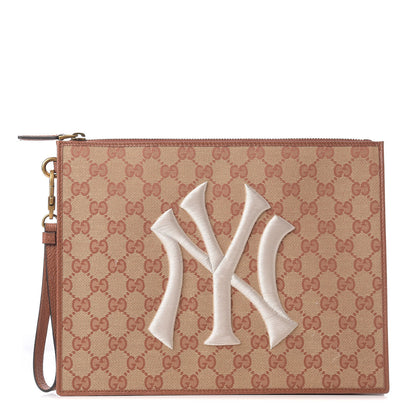 Gucci X MLB GG Monogram NY Yankees Zip Wristlet Pouch Beige Ruggine Ivory 1 of 9