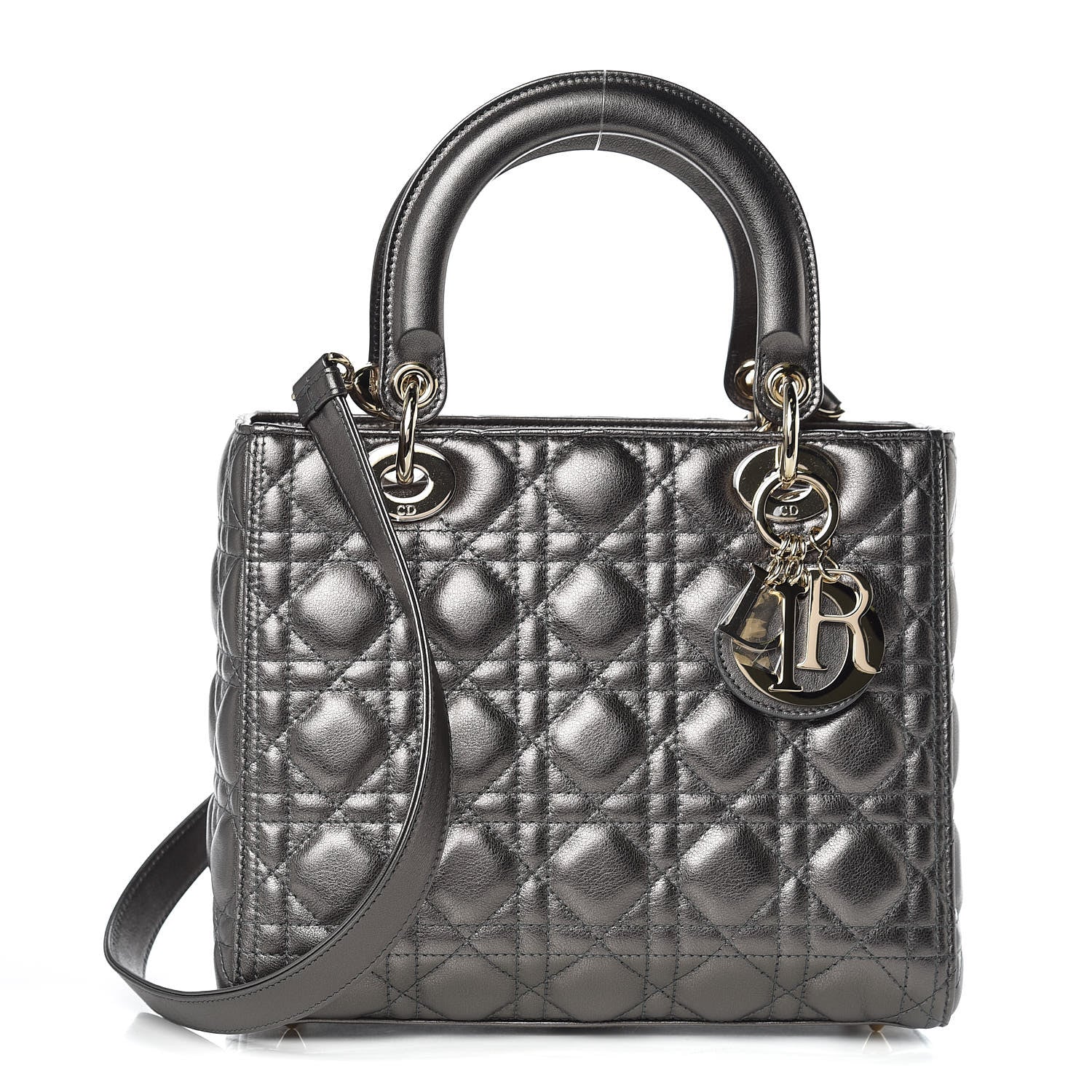 Christian Dior Metallic Calfskin Cannage Medium Lady Dior Gunmetal Grey 1 of 11