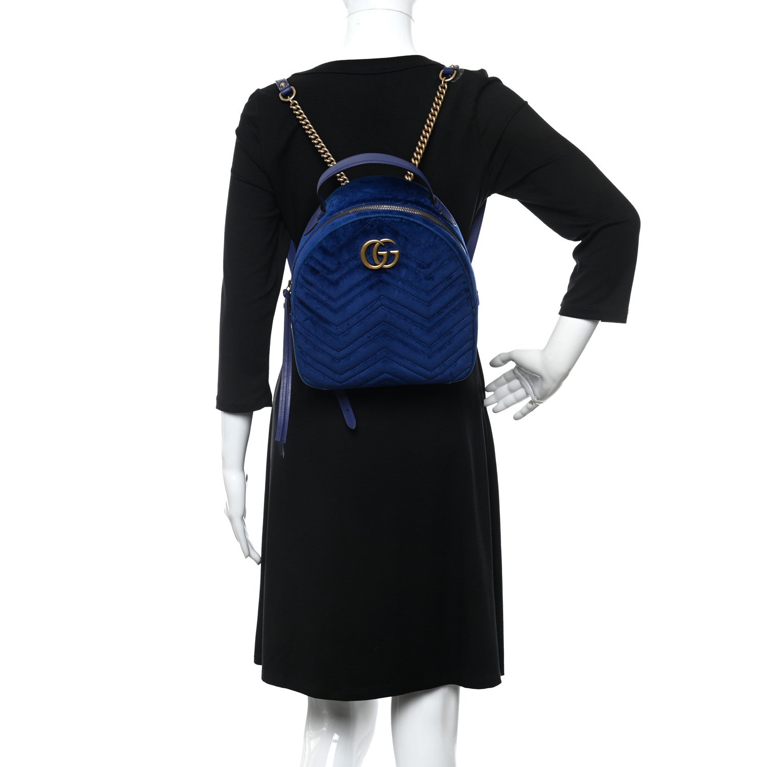 Gucci Velvet Matelasse GG Marmont Dome Backpack Cobalt Blue 2 of 10