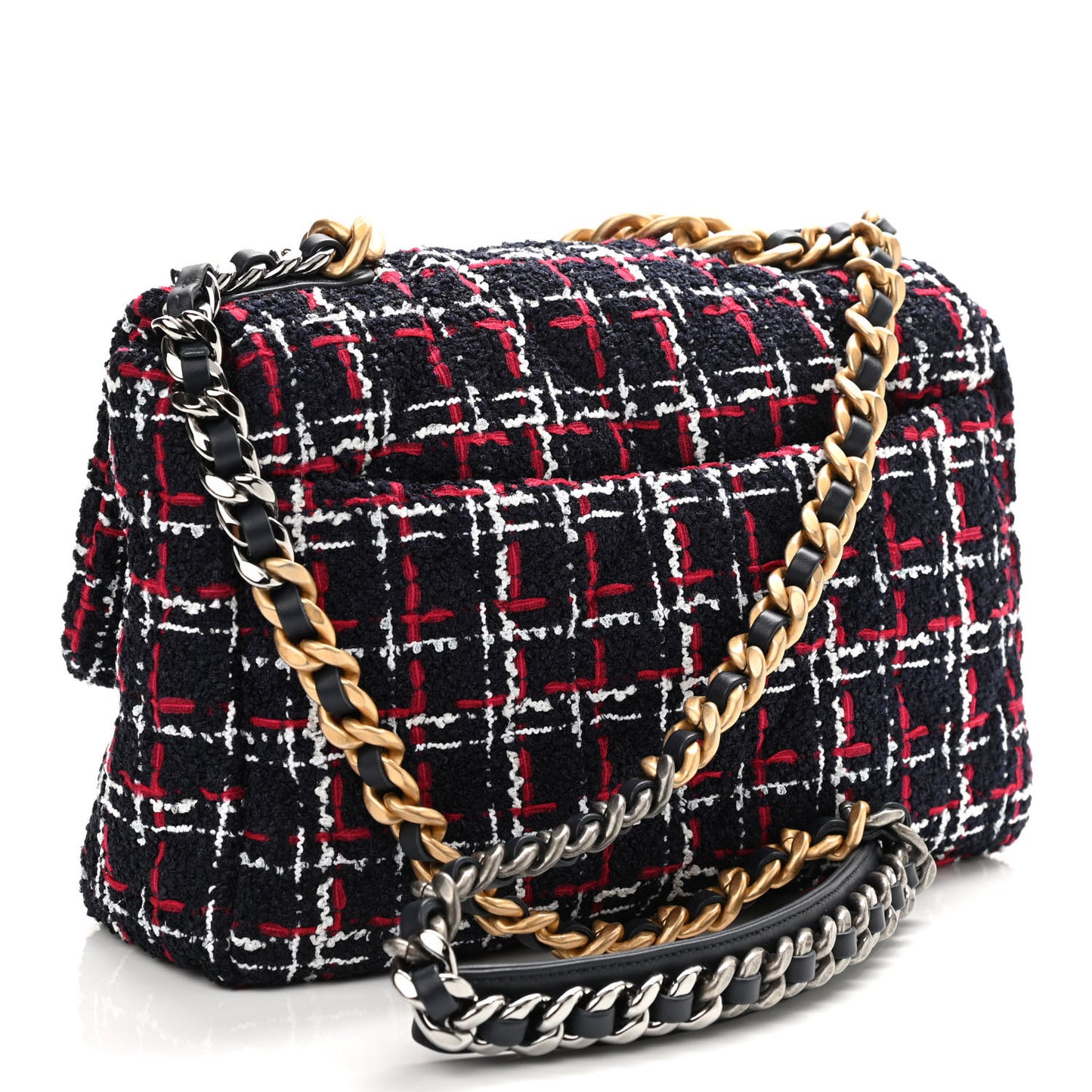 Tweed Quilted Large Chanel 19 Flap Navy Blue White Red