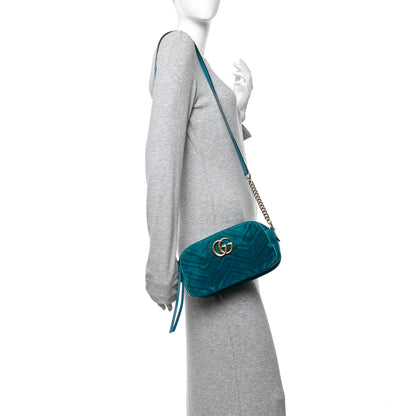 Gucci Velvet Matelasse Small GG Marmont Chain Shoulder Bag Pavone Cyan 2 of 14