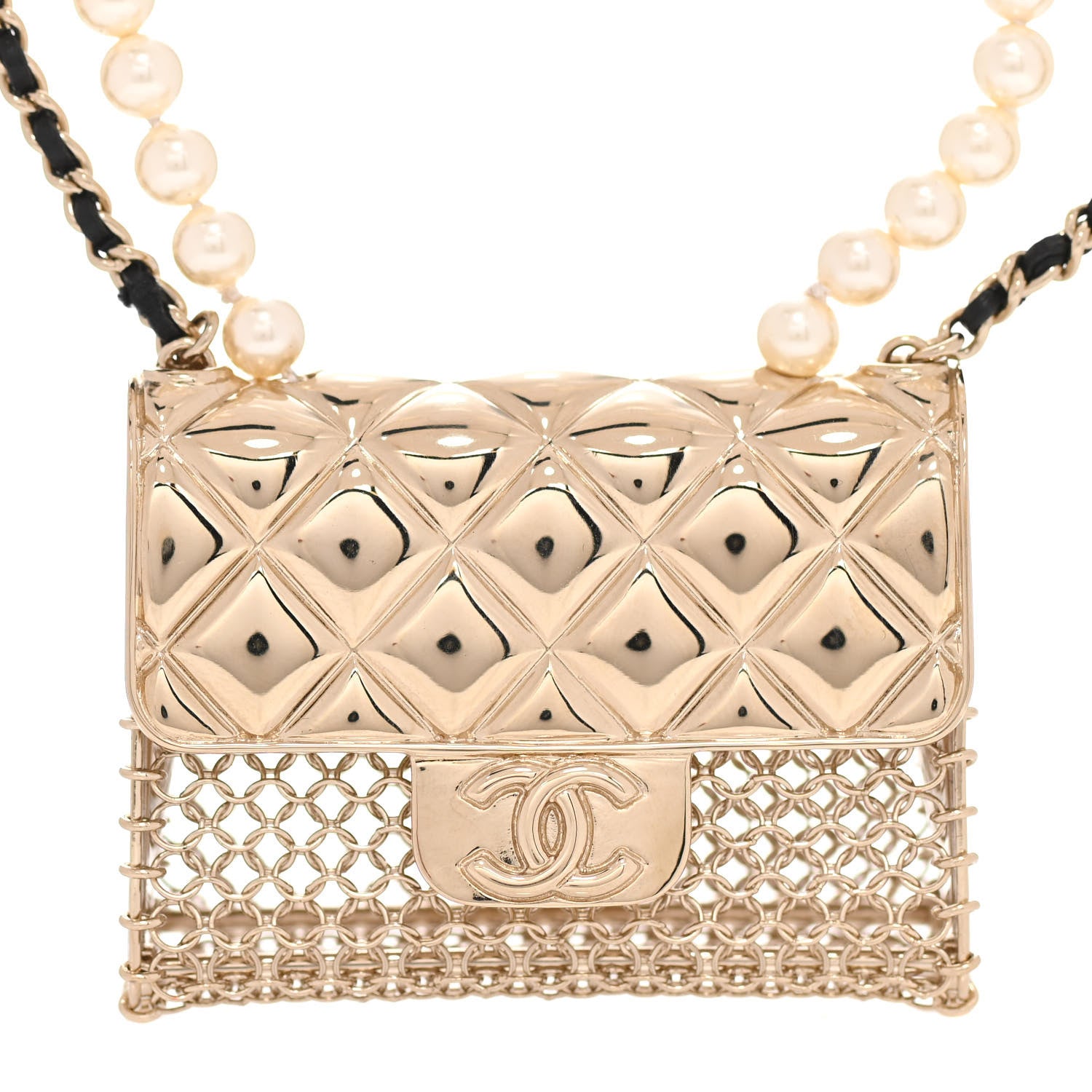 Chanel Metal Lambskin Pearl Chain Flap Bag Long Necklace Gold Black Pearly White 4 of 6