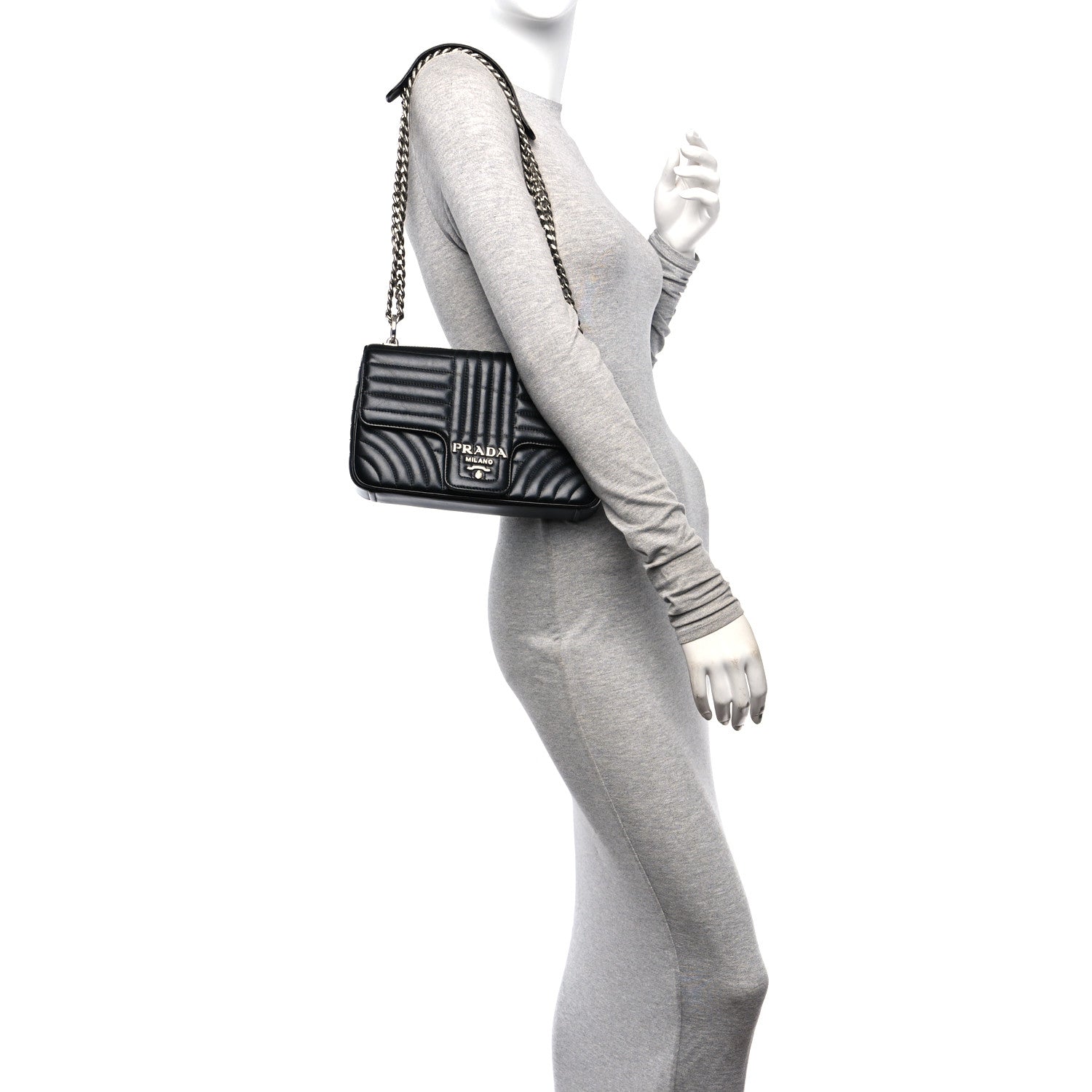 Prada Soft Calfskin Impunture Diagramme Medium Chain Flap Shoulder Bag Black 2 of 9
