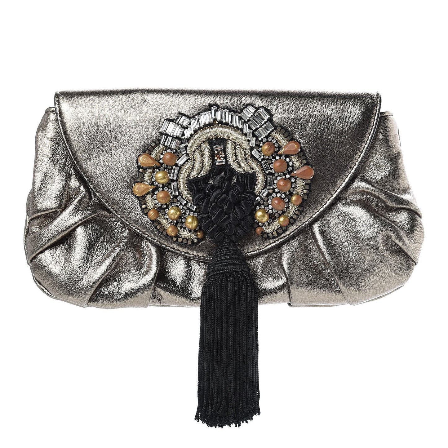 Metallic Calfskin Embellished Tassel Clutch Pewter