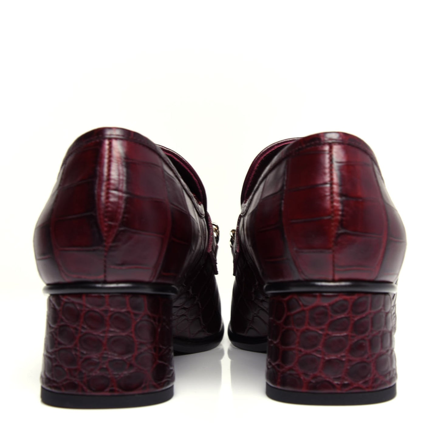 Crocodile Embossed Calfskin CC Chain Mocassin Loafers 38.5 Burgundy Black