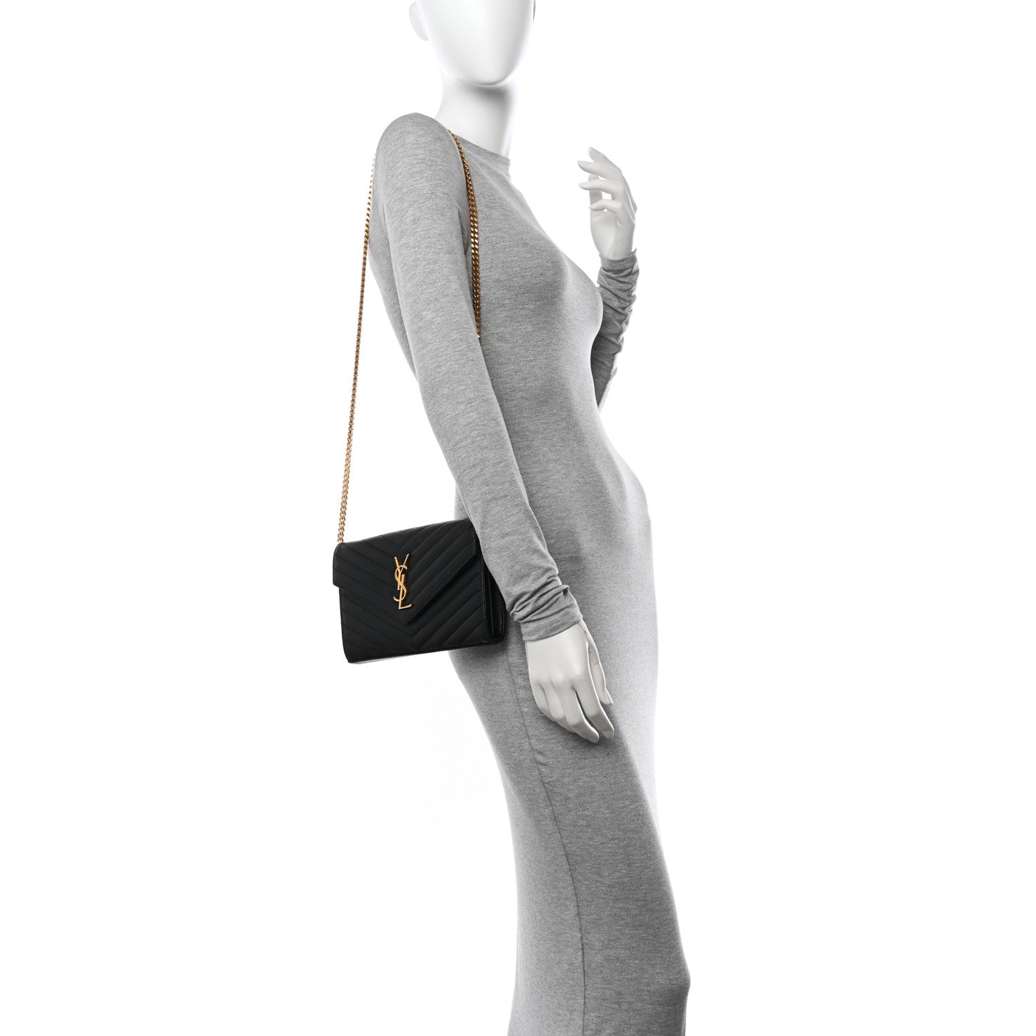 Saint Laurent Grain De Poudre Matelasse Chevron Monogram Chain Wallet Black 2 of 10