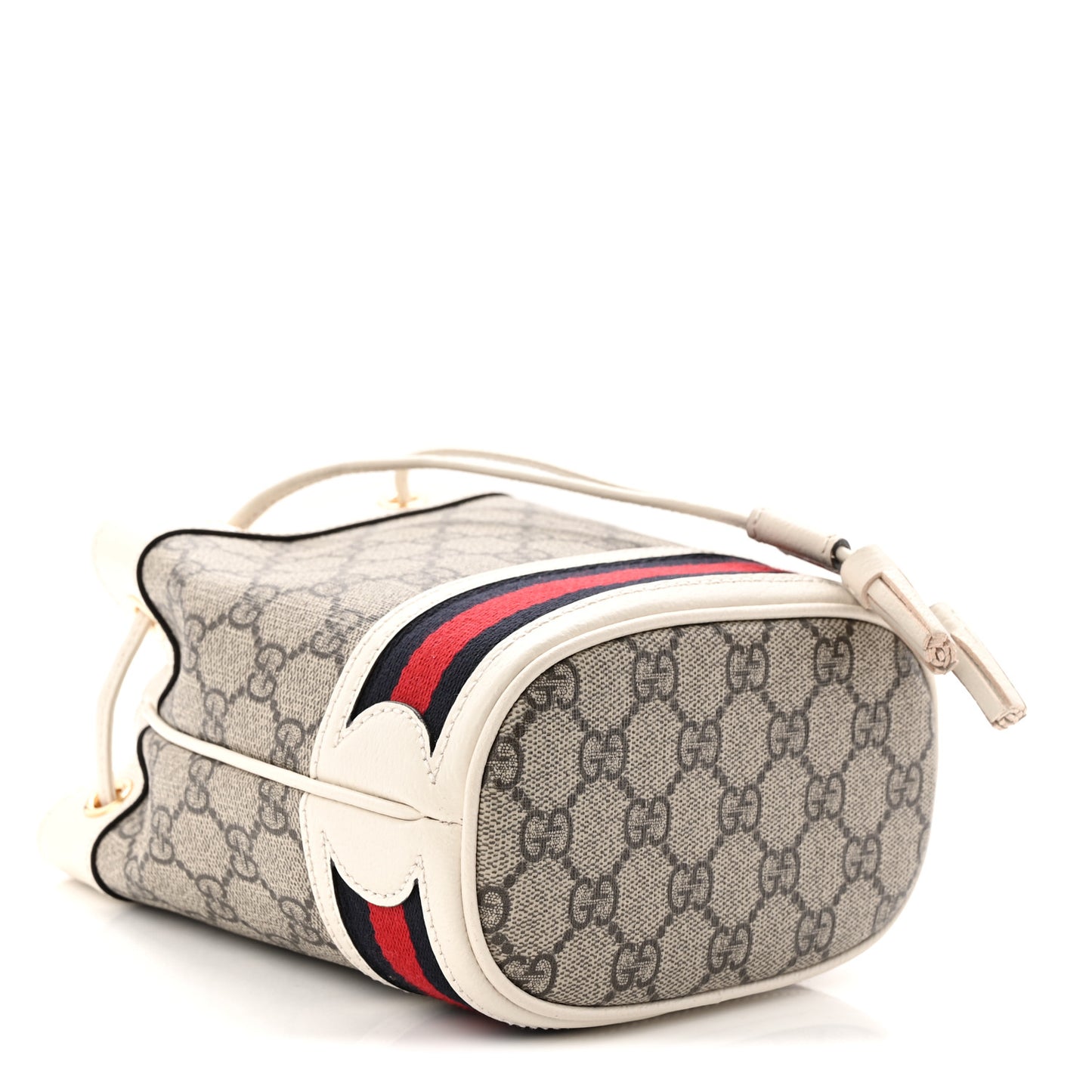 GG Supreme Monogram Textured Calfskin Web Mini Ophidia Bucket Bag Beige Ebony Mystic White