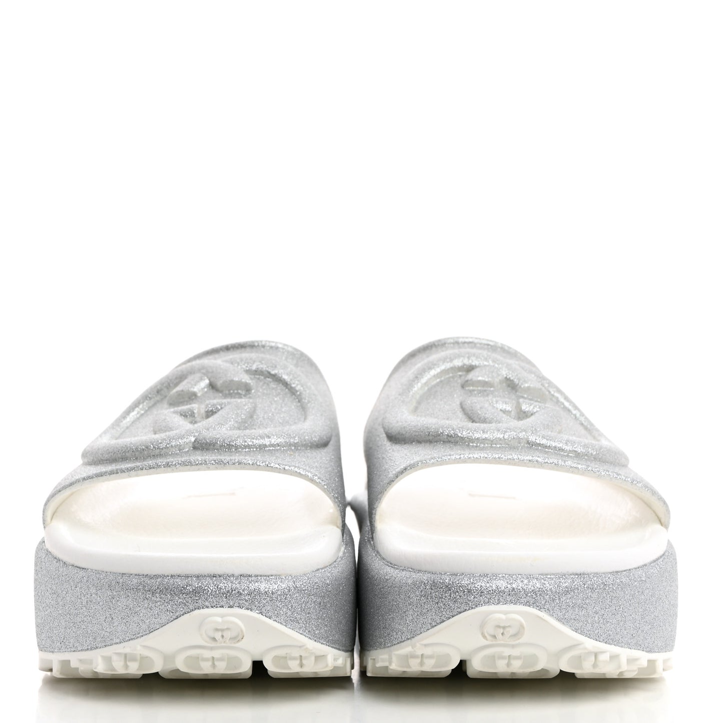 Glitter Rubber Womens Interlocking G Platform 42mm Slide Sandals 39 Silver